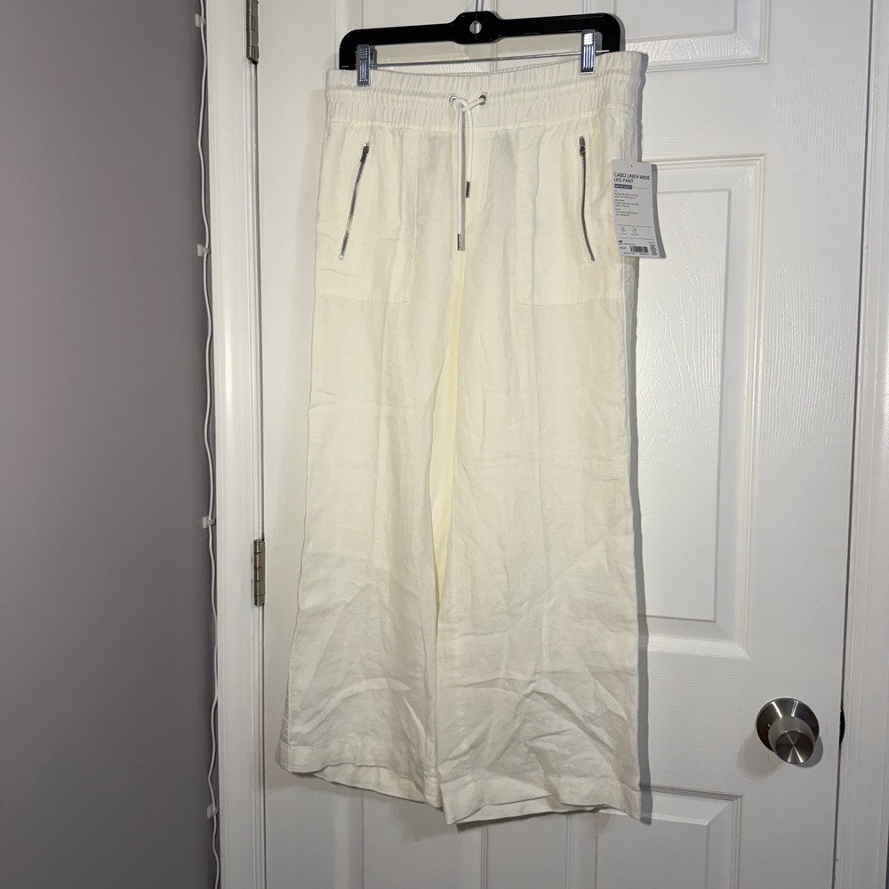 NEW Athleta Cabo Linen Wide Leg Pant White  4 Petite Mid Rise Drawstring pockets